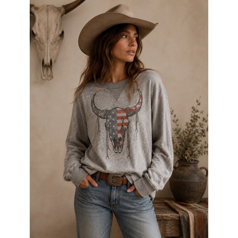Denim & Supply Ralph Lauren Sweatshirt Womens M Gray Longhorn Skull USA Graphic